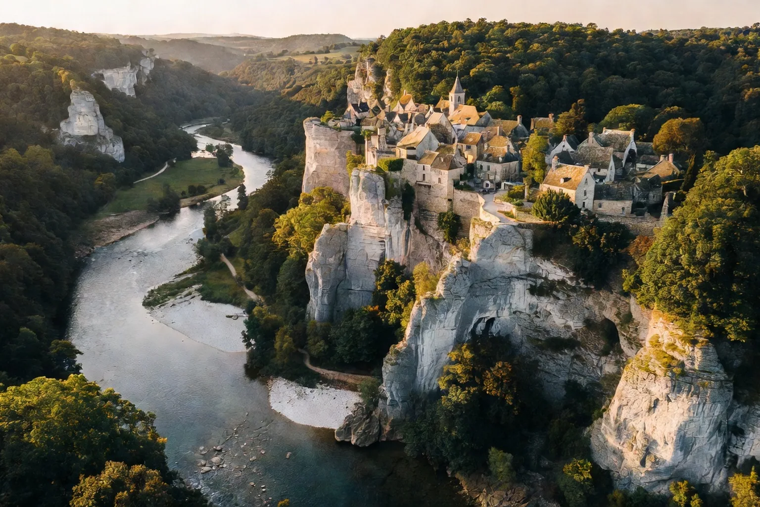La vallée de la Dordogne en Périgord Noir, paysage emblématique avec la rivière et les falaises calcaires