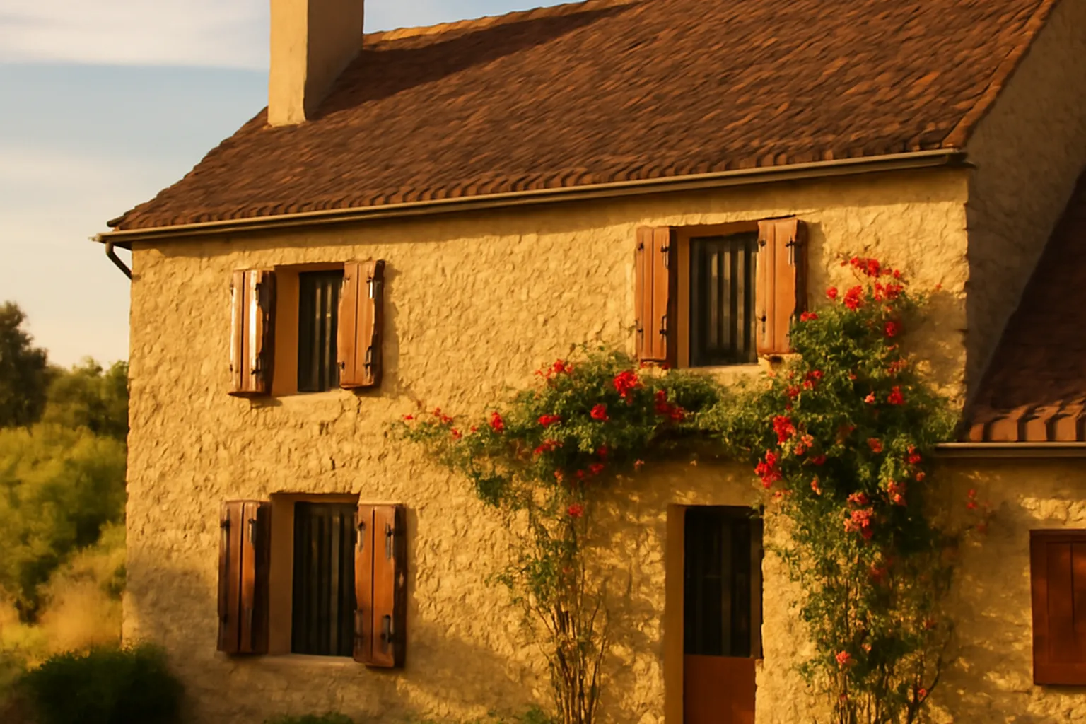 Façade d'un gîte en pierre typique du Périgord Noir, sous un ciel bleu et des fleurs
