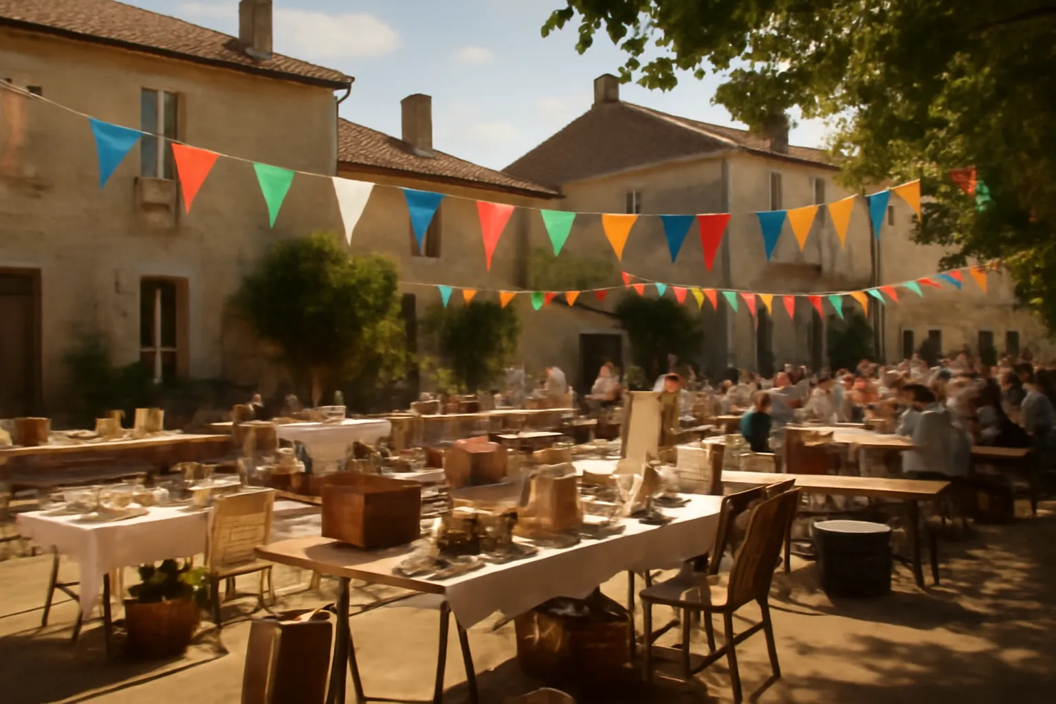 Groupe de bénévoles souriants lors d'une fête de village à Sainte-Mondane, symbolisant la vie associative locale